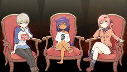  3girls :3 barefoot bat_hair_ornament black_background black_pantyhose breasts brown_footwear cardigan chair closed_mouth clothes_writing commentary crossed_legs crossover dark-skinned_female dark_skin feet full_body gabriel_dropout grey_hair hair_ornament hair_rings highres jahy jahy-sama_wa_kujikenai! large_breasts lolicon long_hair looking_at_viewer multiple_girls on_chair oozora_naomi pantyhose plaid plaid_skirt purple_hair red_eyes red_hair red_skirt satanichia_kurumizawa_mcdowell school_uniform shirt shoes short_hair short_sleeves sitting skirt sky-freedom smile socks sugoi_dekai t-shirt thighs toes uzaki-chan_wa_asobitai! uzaki_hana voice_actor_connection white_shirt 