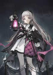  absurdres arknights arm_up black_gloves black_jacket chenmu_sora closed_mouth cloud cloudy_sky expressionless feet_out_of_frame female fire front-seamed_legwear gloves grey_eyes grey_hair gun head_wings highres holding holding_lantern irene_(arknights) jacket lantern layered_skirt long_hair long_sleeves looking_at_viewer ocean outdoors pantyhose pink_fire puffy_long_sleeves puffy_sleeves purple_skirt railing rain rapier scar scar_across_eye scar_on_face seamed_legwear sheath sheathed skirt sky solo standing sword very_long_hair water weapon white_pantyhose white_skirt wings 