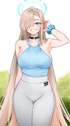  absurdres alternate_costume aqua_shirt armpit_crease armpits asuna_(blue_archive) asymmetrical_bangs black_choker blue_archive blue_eyes blush breasts choker commentary female grey_leggings grey_pants grin hair_over_one_eye halo highres large_breasts leggings light_brown_hair long_hair looking_at_viewer nonbire one_eye_covered outdoors pants presenting_armpit scrunchie shirt shirt_tucked_in sideboob sleeveless sleeveless_shirt smile solo straight_hair tucking_hair very_long_hair wrist_scrunchie 