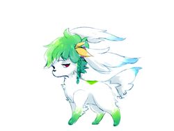  4:3 aishasoup black_nose blue_body blue_fur braided_hair female feral flower fur generation_4_pokemon green_body green_fur green_hair hair honey_(shaymin) legendary_pokemon nintendo plant pokemon pokemon_(species) red_eyes shaymin simple_background sky_forme_shaymin solo standing white_background white_body white_fur 