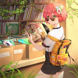  backpack badge bag bookshelf box button_badge cardboard_box commentary cowboy_shot expressionless female flower green_eyes hair_between_eyes hair_flower hair_ornament highres holding looking_at_viewer looking_back looking_over_eyewear original plant record_jacket recursion red_hair reiji-rj russian_commentary shirt short_hair shorts solo sticker sunglasses t-shirt vines yellow-framed_eyewear 