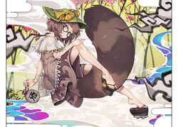  :3 absurdres alcohol animal_ears bell black-framed_eyewear bottle bow brown_eyes brown_hair closed_mouth commentary_request female full_body futatsuiwa_mamizou glasses hand_on_own_knee hat hat_bell highres jingle_bell korean_commentary large_tail leaf leaf_on_head looking_to_the_side nyong_nyong okobo plantar_flexion platform_footwear raccoon_ears raccoon_girl raccoon_tail round_eyewear sandals short_hair sideways_glance skirt smile smoke solo tail tanuki tokkuri touhou whorled_clouds 