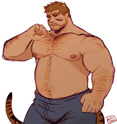  1boy animal_ears arm_hair bara beard_stubble belly brown_hair bulge chest_hair eye_black facial_hair feet_out_of_frame hairy highres large_pectorals looking_ahead male_focus mature_male muscular muscular_male navel navel_hair nipples original pants pectorals ruslorc sanpaku short_hair solo standing stomach stubble tail thick_eyebrows tiger_boy tiger_ears tiger_tail topless_male 