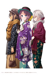  3girls ahagon_umiko bag black_gloves blue_eyes blue_kimono brown_hair brown_hakama brown_headwear brown_scarf closed_eyes closed_mouth copyright_name from_side glasses gloves green_kimono hair_ornament hair_over_shoulder hair_scrunchie hakama hakama_skirt handbag hat hazuki_shizuku highres holding holding_bag japanese_clothes kimono long_hair long_sleeves looking_at_viewer medium_hair multiple_girls new_game! parted_bangs ponytail purple_hair red_scrunchie sash scarf scrunchie skirt smile tokunou_shoutarou tooyama_rin very_long_hair walking watch white_hair wide_sleeves wristwatch 