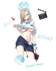  absurdres asuna_(blue_archive) bag bikini bikini_under_clothes black_choker blue_archive blue_bikini blue_bow blue_bowtie blue_eyes blue_ribbon blue_skirt blush bow bowtie breasts chinese_commentary choker clapperboard clothes_lift collared_shirt commentary_request cowboy_shot cropped_legs english_text female grin hair_over_one_eye hair_ribbon halo highres holding holding_bag holding_phone large_breasts lifting_own_clothes light_brown_hair long_hair looking_at_viewer mole mole_on_breast navel navel_piercing partial_commentary phone piercing pleated_skirt ribbon school_uniform scrunchie shirt shirt_lift simple_background skirt smile solo stomach string_bikini swimsuit ta03545 translated underboob white_background white_shirt wrist_scrunchie 