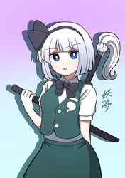  absurdres black_bow black_bowtie black_hairband blue_background blue_eyes blush bow bowtie breasts buttons collared_shirt female ghost ghost_print gradient_background gradient_hair green_skirt green_vest grey_hair hairband hand_up highres hoshii_1213 katana konpaku_youmu looking_at_viewer medium_breasts multicolored_hair open_mouth pink_background puffy_short_sleeves puffy_sleeves shadow shirt short_sleeves skirt solo sword touhou vest weapon white_hair white_shirt 