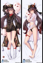  arm_up bare_legs barefoot bed_sheet bikini black_bikini black_nails blush boo_tao_(genshin_impact) breasts brown_hair coat coattails collared_coat collared_shirt colored_tips commentary cuddly_octopus dakimakura_(medium) double-parted_bangs english_commentary feet female flower flower-shaped_pupils full_body furrowed_brow genshin_impact ghost hair_between_eyes hat_ornament highres hu_tao_(genshin_impact) hug jewelry legs long_hair long_sleeves looking_at_viewer matrix16 medium_breasts multicolored_hair multiple_views nail_polish navel no_shoes one_eye_closed open_mouth plum_blossoms red_eyes red_shirt ring shirt short_sleeves shorts side-tie_shirt smile socks star_(symbol) stomach swimsuit symbol-shaped_pupils tassel teeth thigh_strap thighs toenail_polish toenails toes twintails upper_teeth_only white_shirt white_socks 