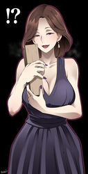  !? artist_name bare_shoulders black_background box breasts brown_hair butcha-u cleavage dress earrings female gift gift_box highres jewelry kaya_kyouko kindaichi_shounen_no_jikenbo large_breasts looking_at_viewer medium_hair mother&#039;s_day parted_bangs purple_dress purple_eyes purple_nails smile solo standing 