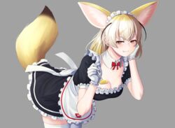  alternate_costume animal_ear_fluff animal_ears apron bad_id bad_pixiv_id bent_over black_dress black_hair blonde_hair blurry blurry_background blush breasts brown_eyes cleavage deku_suke detached_collar dress earrings elbow_rest enmaided extra_ears female fennec_(kemono_friends) fox_ears fox_girl fox_tail frilled_apron frilled_gloves frills gloves grey_background grin hair_between_eyes half-closed_eyes hand_on_own_cheek hand_on_own_face head_rest highres jewelry kemono_friends looking_at_viewer maid maid_apron maid_headdress medium_breasts multicolored_hair puffy_short_sleeves puffy_sleeves short_sleeves simple_background smile smirk smug solo spoon stud_earrings tail thighhighs waist_apron white_gloves white_hair white_thighhighs zettai_ryouiki 