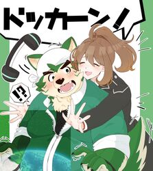  ?! anthro blush brown_hair canid canine canis domestic_dog duo electronics eyebrows female female_operator fur green_body green_fur hair headphones hi_res human lifewonders live_a_hero male mammal mokdai nagu_mogmog05 ponytail protagonist_(live_a_hero) thick_eyebrows 