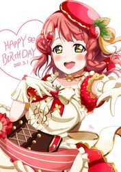  back_bow birthday blush bow braid buttons collar commentary dated english_text female food-themed_hair_ornament food_print frilled_collar frilled_skirt frilled_sleeves frills gloves hair_ornament hair_ribbon hairbow hat heart heart_hair_ornament highres layered_skirt looking_at_viewer love_live! love_live!_nijigasaki_high_school_idol_club macaron_hat open_mouth outstretched_arm pink_hat puffy_short_sleeves puffy_sleeves ranemu red_bow red_hair red_skirt ribbon short_hair short_sleeves side_braid signature simple_background single_braid skirt smile solo strawberry_hair_ornament strawberry_print teeth uehara_ayumu upper_teeth_only white_background white_bow white_gloves white_skirt yellow_eyes yellow_ribbon 