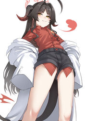  absurdres ahoge black_hair black_horns black_shorts black_tail blue_archive blush buttons closed_mouth coat collared_shirt demon_horns feet_out_of_frame female flat_chest hair_intakes halo highres horns kasumi_(blue_archive) kiritto lab_coat long_hair oversized_clothes red_halo red_shirt shirt shirt_tucked_in shorts simple_background sleeves_past_fingers sleeves_past_wrists smug solo tail white_background white_coat yellow_eyes 