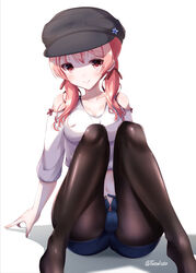  .live absurdres black_hat black_pantyhose black_ribbon blue_shorts cabbie_hat closed_mouth clothing_cutout commentary_request female hair_ribbon hat highres kitakami_futaba legs long_sleeves looking_at_viewer low_twintails medium_hair midriff open_fly pantyhose pantyhose_under_shorts pink_eyes pink_hair ribbon shadow shirt short_shorts shorts shoulder_cutout simple_background sitting smile solo tetori_(tetolisto) twintails twitter_username virtual_youtuber white_background white_shirt 