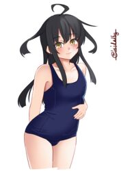  ahoge arms_behind_back black_hair blue_one-piece_swimsuit collarbone cowboy_shot female flat_chest hair_between_eyes hand_on_own_stomach highres ishida_arata jitome kantai_collection long_hair looking_at_viewer mikazuki_(kancolle) one-piece_swimsuit school_swimsuit signature simple_background smile solo swimsuit twitter_username white_background yellow_eyes 