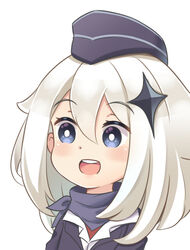  :d bandana black_hat black_jacket blue_eyes blush collared_shirt commentary english_commentary female garrison_cap genshin_impact hair_between_eyes hat jacket long_hair open_mouth paimon_(genshin_impact) round_teeth rutorifuki shirt simple_background smile solo teeth upper_body upper_teeth_only white_background white_hair white_shirt 