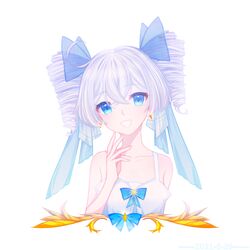  :d alternate_hairstyle antenna_hair blue_eyes dress drill_hair earrings female grey_hair hair_between_eyes hair_ribbon highres honkai_(series) honkai_impact_3rd jewelry kiana_kaslana looking_at_viewer open_mouth qaliw ribbon simple_background sleeveless sleeveless_dress smile solo twin_drills white_background white_dress 