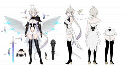  absurdres angel_wings armor ass_visible_through_thighs back backless_outfit bare_shoulders blue_eyes boots breasts clothing_cutout color_guide commentary elbow_gloves english_commentary female full_body gloves grey_hair hair_between_eyes high_heel_boots high_heels highres liora_walkyria long_hair looking_at_viewer low_wings multiple_views navel official_art ohisashiburi reference_sheet shoulder_armor simple_background smile standing stomach_cutout sword thigh_boots thighhighs v&amp;u_entertainment very_long_hair virtual_youtuber weapon white_background wings 