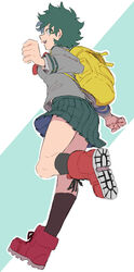  :d backpack bag black_socks boku_no_hero_academia commentary_request female freckles from_below full_body genderswap_(mtf) green_eyes green_hair grey_background grey_shirt highres kada_mha kneehighs long_sleeves looking_at_viewer midoriya_izuku open_mouth pleated_skirt red_footwear rule_63 running school_uniform shirt shoes short_hair skirt smile socks solo u.a._school_uniform white_background yellow_bag 