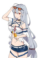  absurdres ahoge arknights arm_up belt breasts choker cleavage crop_top cup drink eyewear_on_head female food fruit grey_hair hair_between_eyes hair_ornament halterneck highres holding holding_drink long_hair looking_at_viewer midriff navel off_shoulder official_alternate_costume open_mouth orange-tinted_eyewear orange_(fruit) orange_slice parted_lips red_eyes scrunchie short_shorts shorts simple_background skadi_(arknights) skadi_(waverider)_(arknights) solo stomach sunglasses thigh_strap thighs tinted_eyewear unworn_eyewear very_long_hair white_background xigua 