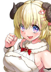  :d ahoge ajula_wachula animal_ears arm_up bare_shoulders blonde_hair blue_eyes braid breasts brooch cape clenched_hand commentary_request detached_sleeves dress female fur-trimmed_cape fur-trimmed_dress fur-trimmed_sleeves fur_trim hair_ornament hairclip half_updo highres hololive horns jewelry large_breasts long_hair looking_at_viewer open_mouth pink_cape purple_eyes sheep_ears sheep_girl sheep_horns simple_background sleeveless sleeveless_dress smile solo tsunomaki_watame tsunomaki_watame_(1st_costume) two-sided_cape two-sided_fabric upper_body virtual_youtuber white_background white_dress white_sleeves 