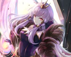  commentary dress female fire_emblem fire_emblem:_three_houses fire_emblem_heroes fur_trim leonmandala long_hair looking_at_viewer lysithea_von_ordelia official_alternate_costume pink_eyes purple_dress solo upper_body white_hair 