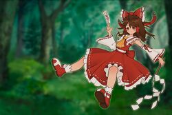  adapted_costume ascot blurry blurry_background bow brown_eyes brown_hair commission detached_sleeves dot_nose dress female floating floating_hair foreshortening forest frilled_bow frilled_dress frilled_shirt_collar frills full_body game_cg gohei hair_between_eyes hair_tubes hairbow hakurei_reimu hand_up highres holding light_blush long_hair looking_at_viewer nature ofuda outdoors project_heartbeat red_bow red_dress red_footwear red_ribbon reixart ribbon ribbon-trimmed_dress ribbon-trimmed_sleeves ribbon_trim second-party_source shoes sidelocks smile socks solo touhou tree white_socks wide_sleeves yellow_ascot 