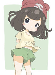  absurdres arms_behind_back bad_id bad_pixiv_id beanie black_hair blush_stickers breasts brown_shirt collarbone commentary_request female green_background green_shorts grey_eyes hat highres looking_at_viewer midriff_peek navel pokemon pokemon_sm red_hat rururu_(pyrk8855) selene_(pokemon) shirt short_shorts shorts small_breasts solo standing tied_shirt two-tone_background white_background yellow_shirt 