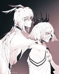  2boys black_choker choker crown daleth_(sky:_children_of_the_light) from_side grey_hair highres light_smile long_hair looking_at_viewer male_focus mimizuku_(sky:_children_of_the_light) multiple_boys ponytail short_hair simple_background sky:_children_of_the_light upper_body white_hair wushilanliren 