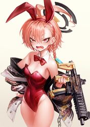  ahoge animal_ears bare_legs bare_shoulders blue_archive bow bowtie braid breasts cleavage detached_collar fake_animal_ears female gradient_background gun hair_between_eyes halo highres holding holding_gun holding_weapon jacket leotard looking_at_viewer mole mole_under_eye neru_(blue_archive) neru_(bunny)_(blue_archive) oerba_yun_fang open_mouth oyu_udon playboy_bunny rabbit_ears red_bow red_bowtie red_eyes red_leotard sig_mpx sig_sauer single_braid small_breasts solo strapless strapless_leotard submachine_gun thighs traditional_bowtie weapon yellow_background 