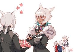  1boy 4girls ^_^ absurdres ahoge alisaie_leveilleur alphinaud_leveilleur ameliance_leveilleur anger_vein animal_ears archon_mark artemi_lunavorsa black_dress blush bouquet brother_and_sister cat_ears closed_eyes crossed_arms dark-skinned_female dark_skin dress elezen elf facial_mark final_fantasy final_fantasy_xiv fur_collar glasses hair_ribbon heart highres hjz_(artemi) long_hair miqo&#039;te mother&#039;s_day mother_and_daughter mother_and_son multiple_girls pointy_ears ponytail ribbon short_hair siblings twins warrior_of_light_(ff14) whisker_markings white_background white_hair y&#039;shtola_rhul 