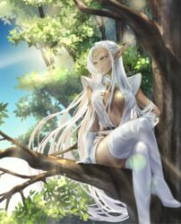  absurdres boots breasts breasts_apart center_opening circlet closed_mouth commentary cotocoto crossed_legs dark-skinned_female dark_elf dark_skin day elf female highres in_tree long_hair long_pointy_ears looking_away medium_breasts outdoors pirotess pointy_ears record_of_lodoss_war revealing_clothes sitting sitting_in_tree solo sunlight thigh_boots thighhighs tree very_long_hair white_hair yellow_eyes 