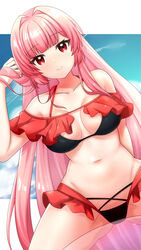  azur_lane bare_shoulders bikini black_bikini breasts cleavage dokumi female frilled_bikini frills highres large_breasts long_hair looking_at_viewer navel off-shoulder_bikini off_shoulder official_alternate_costume pink_eyes pink_hair princeton_(azur_lane) princeton_(seaside_training)_(azur_lane) solo swimsuit very_long_hair 