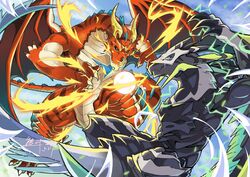  animal_focus aqua_sclera arms_up battle black_sclera blue_sky claws closed_mouth cloud colored_sclera commentary_request day dragon electricity embear_2019 energy_ball eye_contact fire flying glint green_eyes highres horns looking_at_another midair muscular no_humans orange_eyes outdoors red_wings shult_(world_flipper) sky vagner_(world_flipper) wind wings world_flipper 