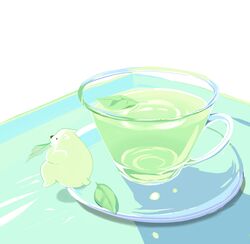  bear chai_(drawingchisanne) commentary_request cup drink food_focus glass green_tea leaf no_humans original polar_bear shadow shirokuma-san_(drawingchisanne) signature sitting tea undersized_animal 