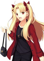  ahoge alternate_costume bag black_shirt blonde_hair bow collarbone contemporary earrings ereshkigal_(fate) fate/grand_order fate_(series) female hairbow handbag highres jacket jewelry long_hair mishiro_(ixtlolton) parody pendant red_eyes red_jacket shirt stud_earrings style_parody takeuchi_takashi_(style) watch white_background wristwatch 