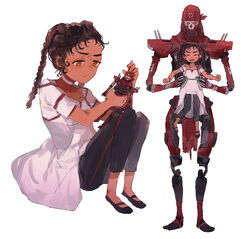  1boy aged_down animification apex_legends black_pants brown_hair classic_revenant closed_eyes collarbone dark-skinned_female dark_skin dress female hair_behind_ear holding holding_toy humanoid_robot lifting_person loba_(apex_legends) looking_down pants revenant_(apex_legends) robot science_fiction shourou_kanna simulacrum_(titanfall) toy white_dress 