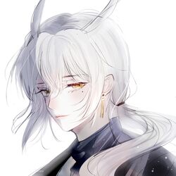  1boy earrings expressionless formal grey_hair hair_between_eyes highres jewelry light_smile looking_at_viewer male_focus mimizuku_(sky:_children_of_the_light) mole mole_under_eye pf-www ponytail portrait sidelocks simple_background sky:_children_of_the_light slit_pupils solo sparkle suit tassel tassel_earrings white_background white_hair 