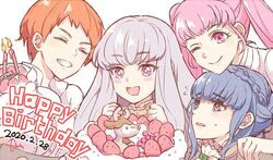  2020 4girls :d ;) bad_id bad_twitter_id birthday birthday_cake blue_hair blush braid bright_pupils cake candle closed_eyes commentary_request crown_braid dated deer drooling english_text fire_emblem fire_emblem:_three_houses food hilda_valentine_goneril leonie_pinelli long_hair lysithea_von_ordelia marianne_von_edmund multiple_girls nijihayashi one_eye_closed open_mouth orange_hair pink_hair short_hair simple_background smile upper_body white_background white_hair white_pupils 