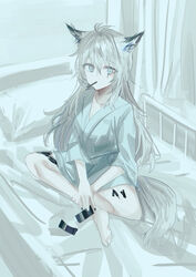  absurdres animal_ear_fluff animal_ears arknights barefoot blue_eyes chihuri collarbone commentary_request crossed_legs curtains female food food_in_mouth grey_hair hair_between_eyes hair_ornament hairclip highres indoors lappland_(arknights) long_hair material_growth mouth_hold on_bed oripathy_lesion_(arknights) pillow pocky scar scar_across_eye sitting soles solo tail unworn_hair_ornament unworn_hairclip very_long_hair 