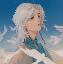  1boy bird cape dove earrings gloating_narcissist grey_hair highres jewelry looking_at_viewer male_focus mojiang-kou outdoors parted_bangs sky:_children_of_the_light solo star_(sky) tassel tassel_earrings upper_body white_bird 