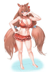  :o animal_ears barefoot bikini blush breasts brown_hair cleavage collarbone commentary commentary_request daiwa_scarlet_(trifle_vacation)_(umamusume) daiwa_scarlet_(umamusume) female full_body hair_intakes hair_ornament hand_on_own_hip hand_up highres horse_ears horse_girl horse_tail large_breasts long_hair looking_at_viewer navel official_alternate_costume open_mouth oza_osuwari purple_eyes red_bikini standing swimsuit tail thighs twintails umamusume very_long_hair white_background 