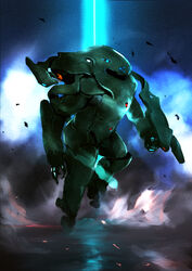  1boy absurdres aoume560 arm_cannon armor body_armor boots cloud commentary damaged debris dirty energy energy_beam energy_cannon flying fog freefall gloves helmet highres johnny_rico jumping lights male_focus mecha mecha_focus mobile_infantry original power_armor power_suit realistic redesign robot science_fiction smoke soldier space_marine spacesuit starship_troopers thrusters uchuu_no_senshi weapon 