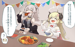  2girls ^_^ animal_ears black_jacket blonde_hair blush_stickers bowl breasts chopsticks cleavage closed_eyes commentary_request eating fangs food grey_hair grill highres hololive horns jacket lion_ears lion_girl long_hair meat medium_breasts multiple_girls null_suke plate rice rice_bowl see-through see-through_cleavage sheep_ears sheep_girl sheep_horns shishiro_botan shishiro_botan_(1st_costume) translation_request tsunomaki_watame tsunomaki_watame_(1st_costume) virtual_youtuber 