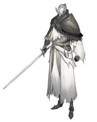  1other ambiguous_gender armor clenched_hands covered_face full_armor full_body gauntlets grey_sash helmet highres holding holding_sword holding_weapon km_yama original pauldrons rags robe sash shoulder_armor simple_background single_pauldron solo standing sword torn_clothes weapon white_background 