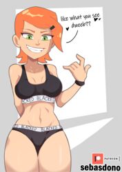 1girls ben_10 blacked blacked_clothing breasts cartoon_network english_text female female_focus female_only flirting flirting_with_viewer green_eyes grin gwen_tennyson hairclip light-skinned_female light_skin looking_at_viewer mound_of_venus navel orange_hair plain_background red_hair redhead sebasdono short_hair solo sports_bra sportswear teasing teasing_viewer text thighs tomboy toothy_grin wristband