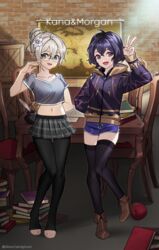  2girls absurdres adapted_costume apple black_hair black_pantyhose black_thighhighs book book_stack box brown_footwear casual chair character_name contemporary crop_top dolphin_shorts fire_emblem fire_emblem_awakening fire_emblem_fates flower food fruit glasses grey_eyes grey_hair hair_bun hair_flower hair_ornament high_heels highres jacket kana_(female)_(fire_emblem) kana_(fire_emblem) map midriff miniskirt morgan_(female)_(fire_emblem) morgan_(fire_emblem) multiple_girls navel pantyhose pleated_skirt pointy_ears purple_eyes short_hair short_shorts shorts silvercandy_gum single_hair_bun skirt smile table thighhighs toeless_legwear toes v 