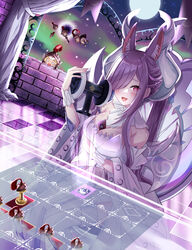  2girls absurdres animal_ears bare_shoulders between_breasts black_hole braid breasts brick_wall card card_between_breasts cosplay fake_horns fox_ears fox_girl full_moon highres holding holding_microphone horns indie_virtual_youtuber kamishiro_natsume kitsune knight_(yu-gi-oh!) large_breasts long_hair long_sleeves lovely_labrynth_of_the_silver_castle lovely_labrynth_of_the_silver_castle_(cosplay) microphone moon multiple_girls oerba_yun_fang open_mouth purple_eyes purple_hair shiitake_kaden skin_fang virtual_youtuber wide_sleeves wrist_cuffs yu-gi-oh! 