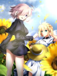  2girls :d absurdres ahoge artoria_pendragon_(fate) black_capelet black_dress blonde_hair blue_ribbon blurry blurry_foreground capelet closed_mouth cloud copyright_name day dress dress_shirt fate/grand_order fate/stay_night fate_(series) field flower flower_field foo_(pixiv54892036) green_eyes hair_over_one_eye hair_ribbon hand_in_own_hair hand_on_own_head hand_up hat highres holding holding_clothes holding_hat long_sleeves looking_at_viewer mash_kyrielight mash_kyrielight_(traveling_outfit) medium_hair multiple_girls official_alternate_costume open_mouth outdoors parody pink_dress pink_hair purple_eyes ribbon saber_(fate) shirt short_dress short_sleeves smile standing style_parody sun_hat sunflower sunflower_field takeuchi_takashi_(style) unworn_hat unworn_headwear white_shirt yellow_flower yellow_headwear 