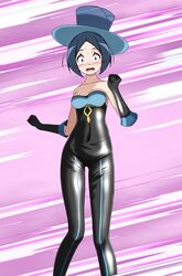  bare_shoulders battle_chatelaine black_bodysuit black_gloves blue_hair blue_headwear blush bodysuit breasts cleavage collarbone covered_navel elbow_gloves evelyn_(pokemon) female gloves highres looking_at_viewer open_mouth parted_bangs pokemon pokemon_xy purple_background scared short_hair small_breasts solo standing strapless tears tsukishiro_saika wavy_mouth 