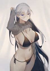  armpits bikini black_bikini blue_eyes breasts cleavage commentary_request crop_top female from_above grey_hoodie groin hair_between_eyes hood hoodie large_breasts long_hair navel original shipl side-tie_bikini_bottom solo swimsuit very_long_hair 